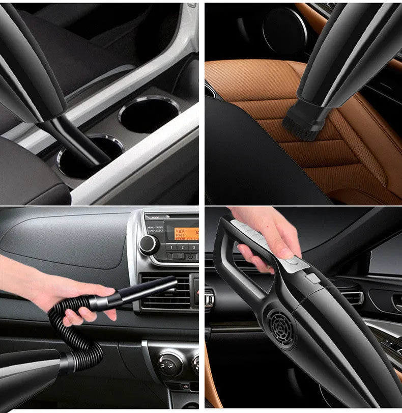 Black and orange Hypa car vacuum cleaner with cigarette lighter plug, shown next to a car seat.