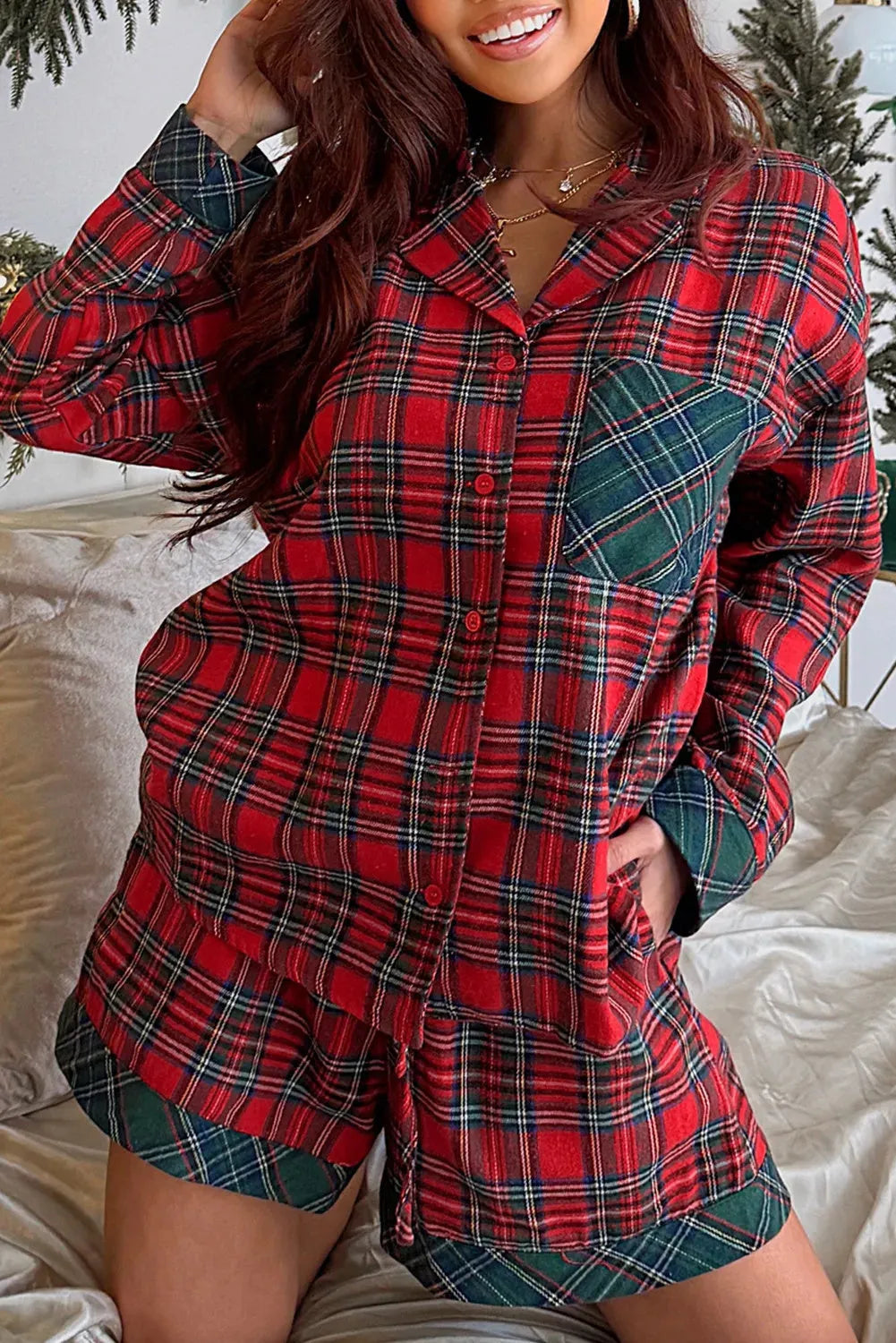 Red plaid pyjama set with contrast fabric patches on shirt and matching shorts