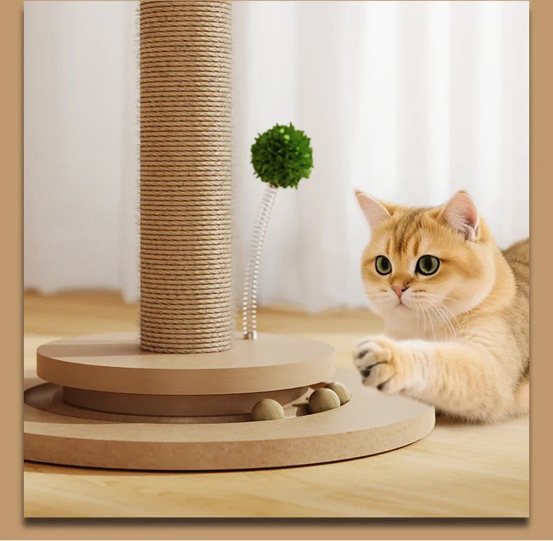 Vertical cat climbing frame with natural hemp rope scratching posts in a Canna finish, showing chamfered columns.