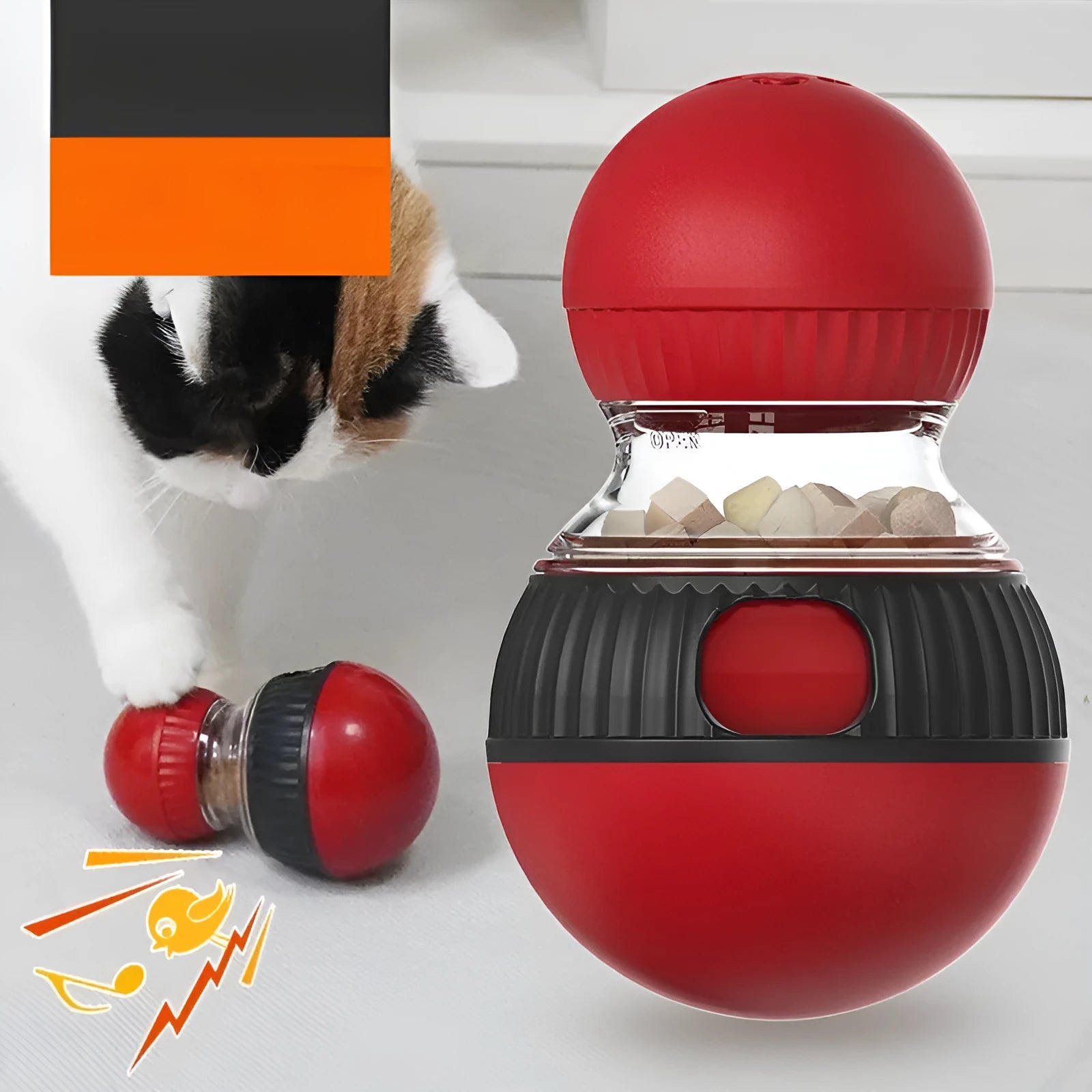 Rotating funny cat sound food dropping ball toy in super ball colour on a plain background.