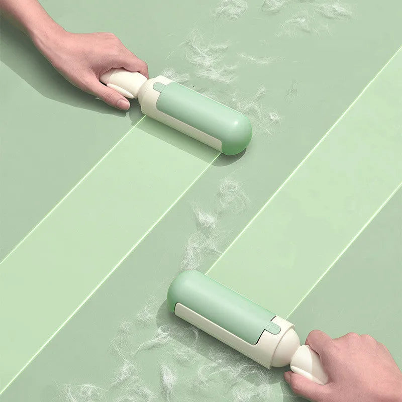 White and green pet hair removal roller with self-cleaning base on a carpet