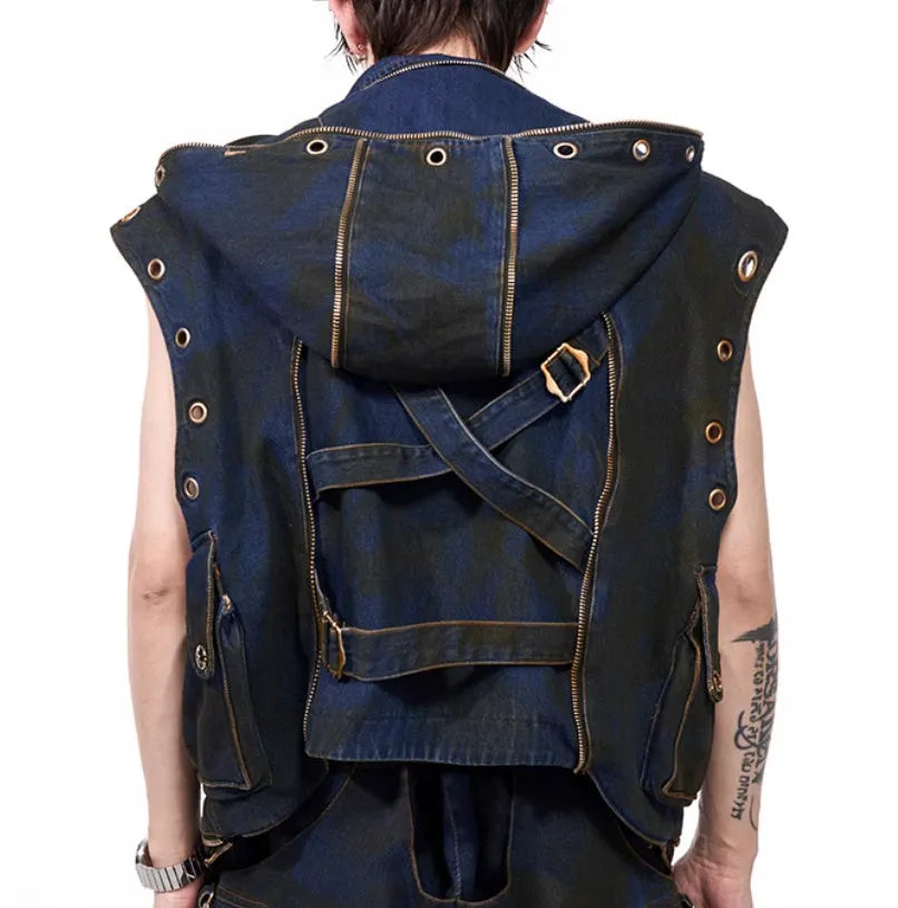Blue Korean style hooded denim vest and matching trousers set with front zipper closure