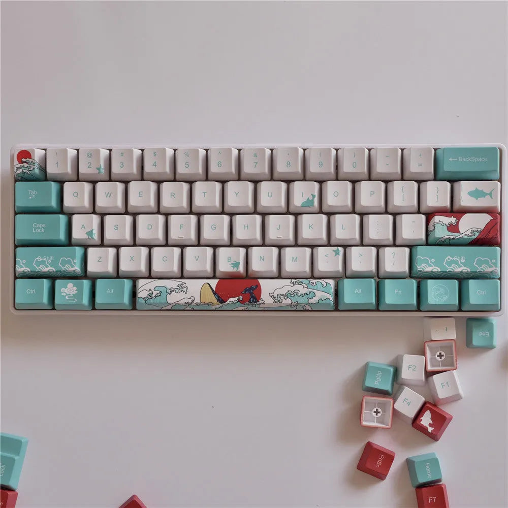 Coral Sea themed PBT keycap set for Xiaoyan mechanical keyboards with personalised large button.