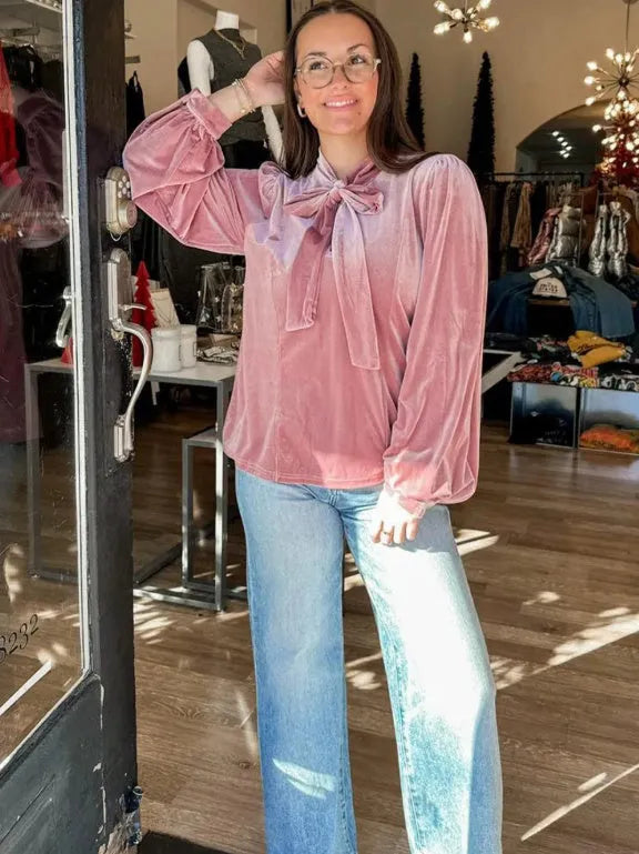 Fuchsia long sleeve blouse with velvet ribbon bow knot, 100% polyester pink top, sizes S M L XL