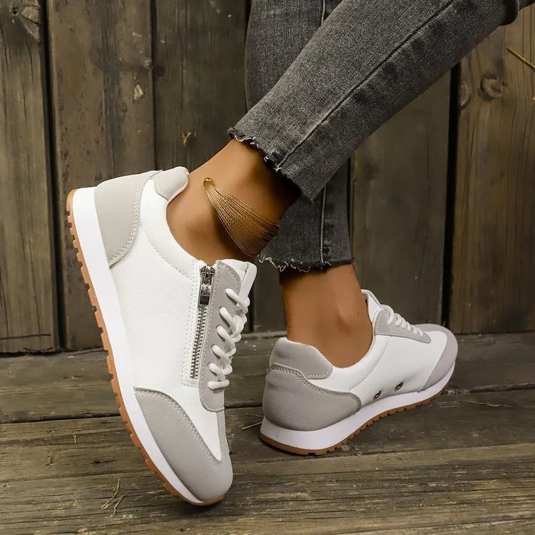 Women's flat-heeled shoes in champagne, grey, and white with artificial PU uppers and rubber soles