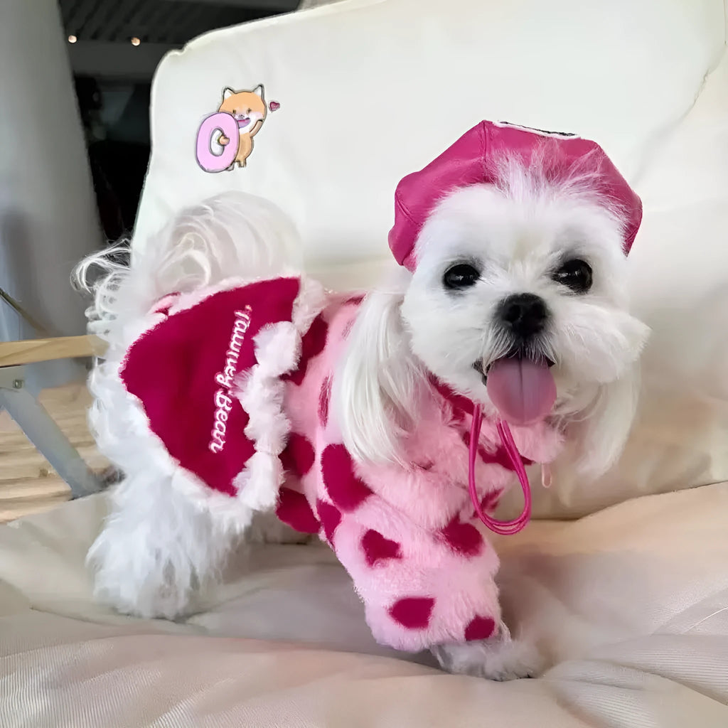 British-style pink polyester warm coat on small white dog showing size fit and design details