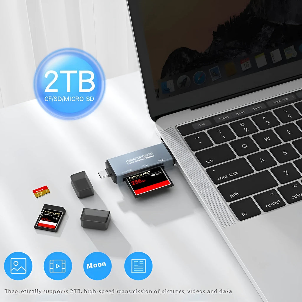 CF SD TF three-in-one memory card reader with aluminium alloy casing and USB 2.0 connectivity