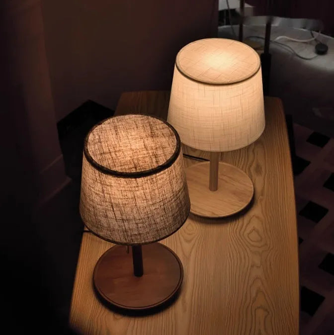 Walnut wood desk lamp with fabric shade and cable switch