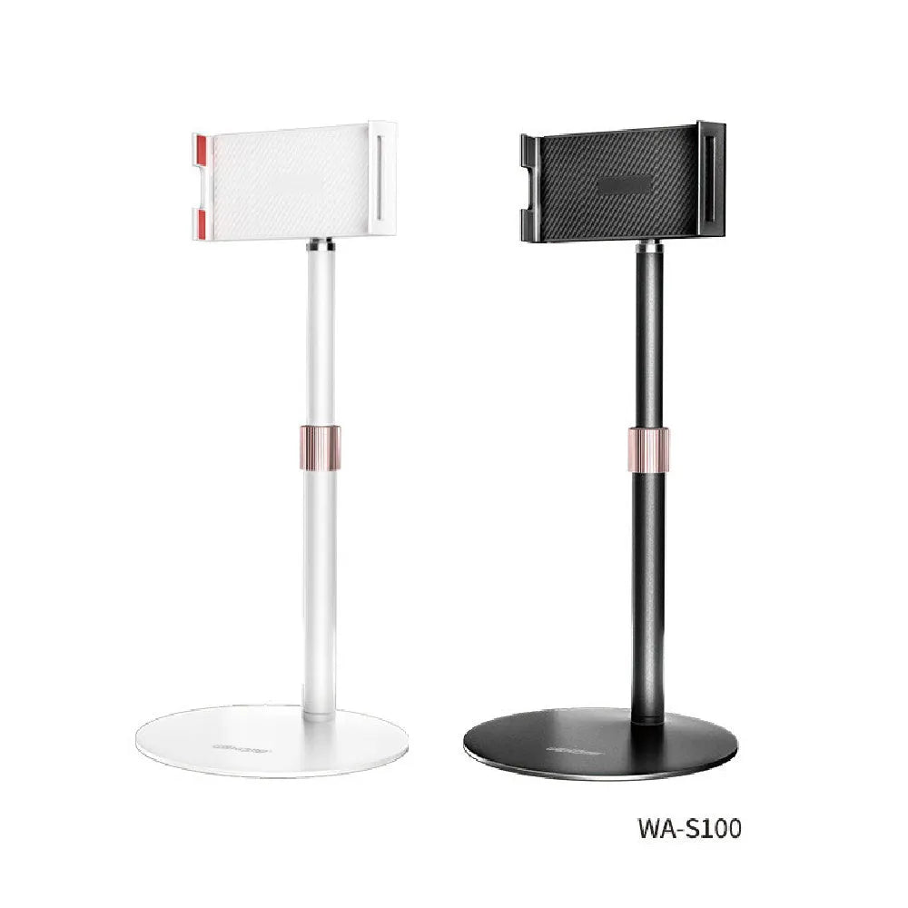 Metal tablet mounting bracket with telescopic arm extended, showing black finish