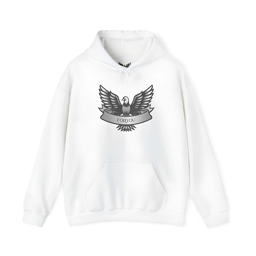 A solid colour pullover hoodie for men and women with a hood and long sleeves.