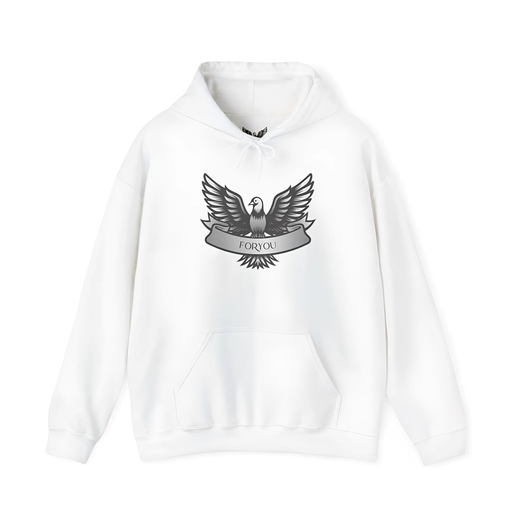 A solid colour pullover hoodie for men and women with a hood and long sleeves.