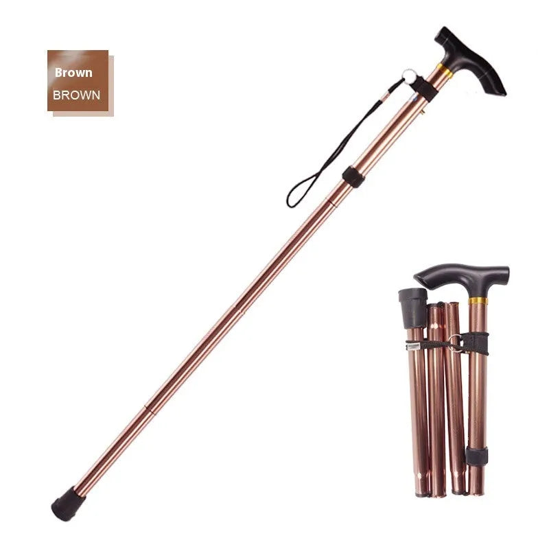Aluminium folding walking stick extended to show adjustable shaft and non-slip rubber tip.