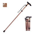 Aluminium alloy folding walking cane with adjustable height and non-slip rubber handle.