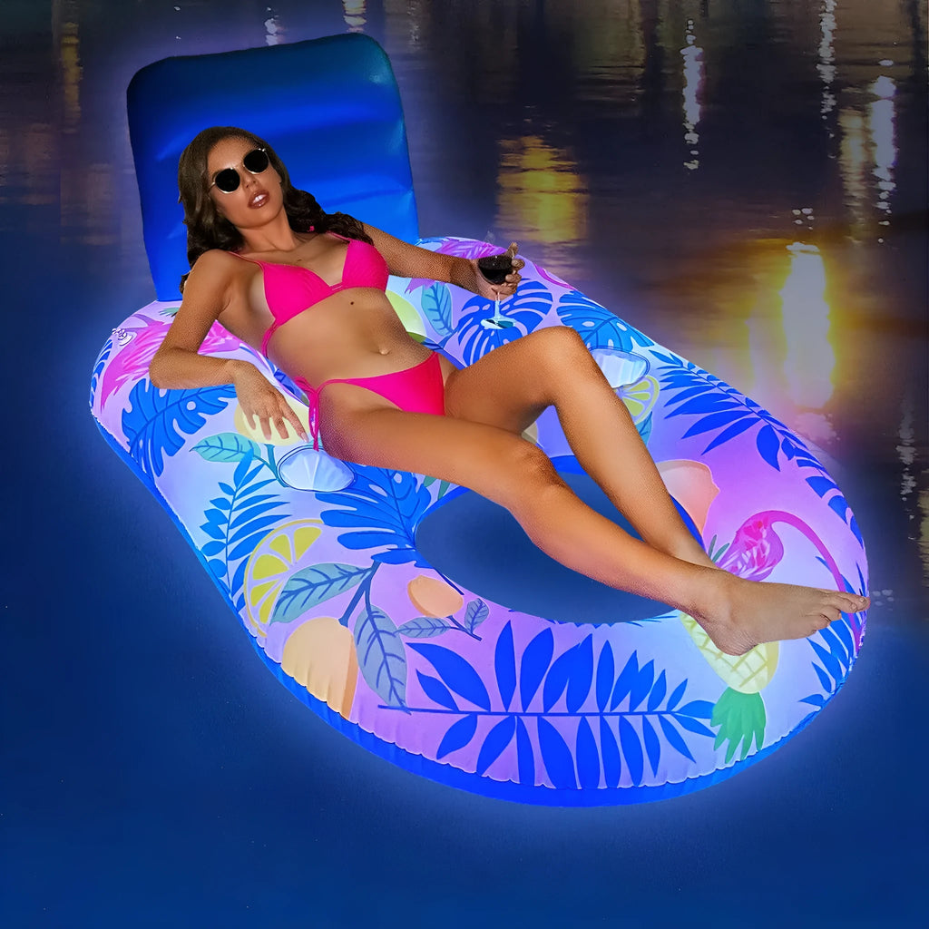 Large white luminous inflatable floating bed with backrest reclining in a swimming pool