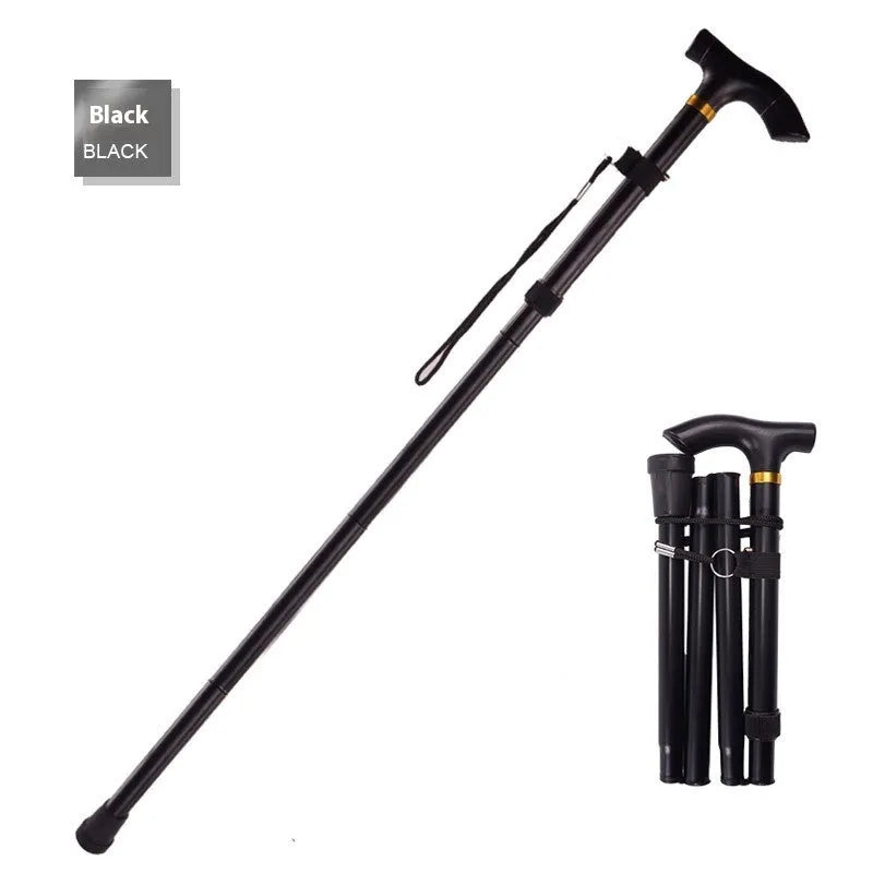 Aluminium alloy folding walking stick with non-slip handle, shown extended and in black colour.