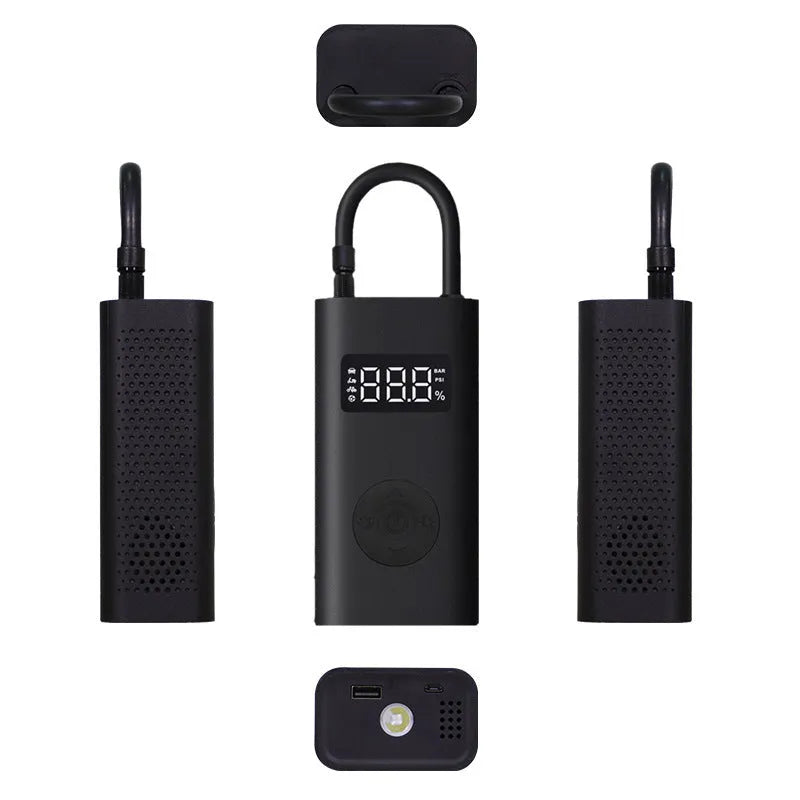 Black wireless cordless car air pump with USB charging, 150psi, 25L/min, 2000mAh, and LED light