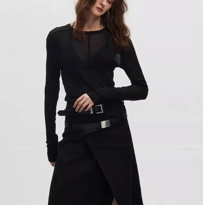 Black slim-fit PU mesh pullover with see-through texture and long sleeves