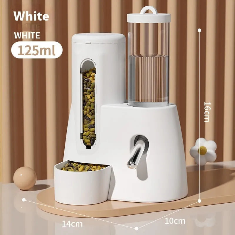 Hamster automatic drinking water feeder with integrated food basin in blue, pink, or white.