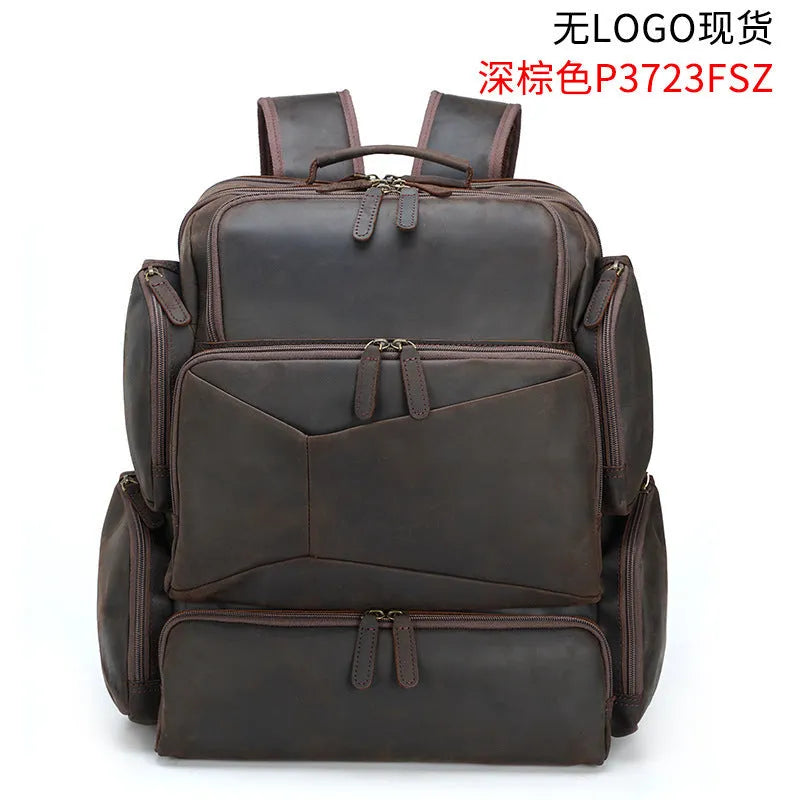 Dark brown Retro Crazy Horse leather backpack for men with a 17-inch laptop compartment open.