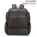 Dark brown Retro Crazy Horse leather backpack for men with a 17-inch laptop compartment open.