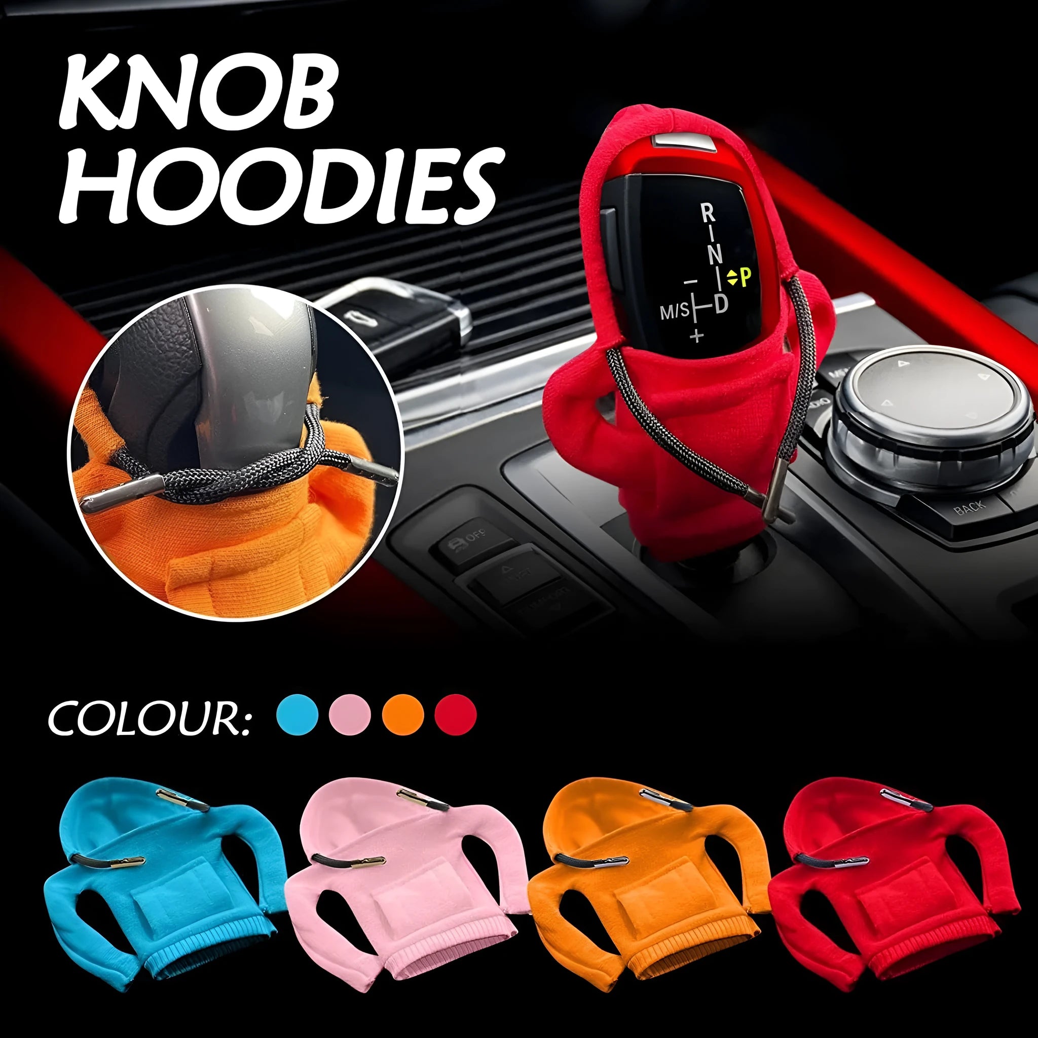 Cloth car gear shift knob cover in various colours showing 13x8cm dimensions