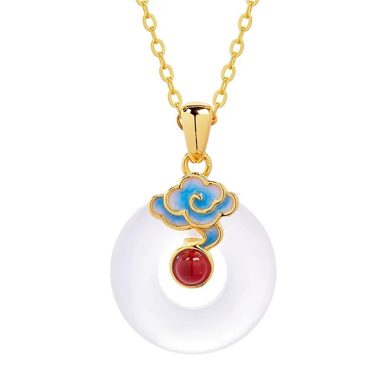 925 silver pendant necklace with cold enamel red agate and white chalcedony stones safety buckle clasp on white background
