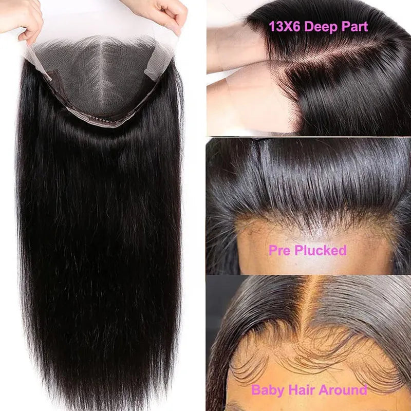 13x6 straight lace front human hair wig in black colour displayed at various lengths