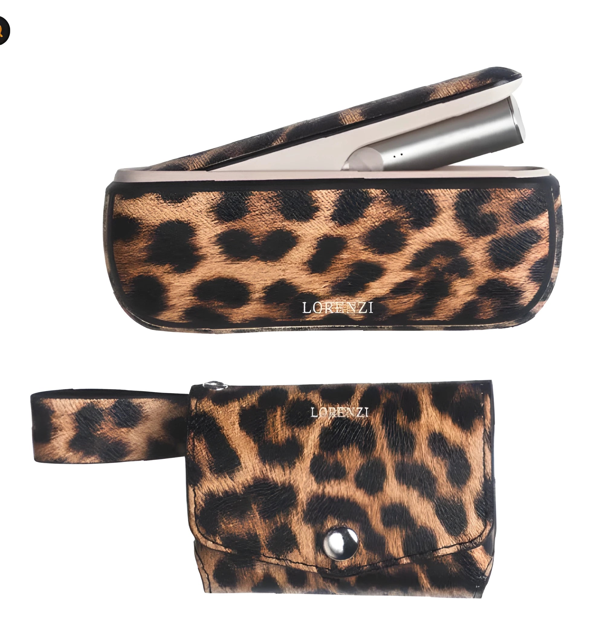 Leopard print and yellow vegan leather protective storage bags with a front zip pocket.