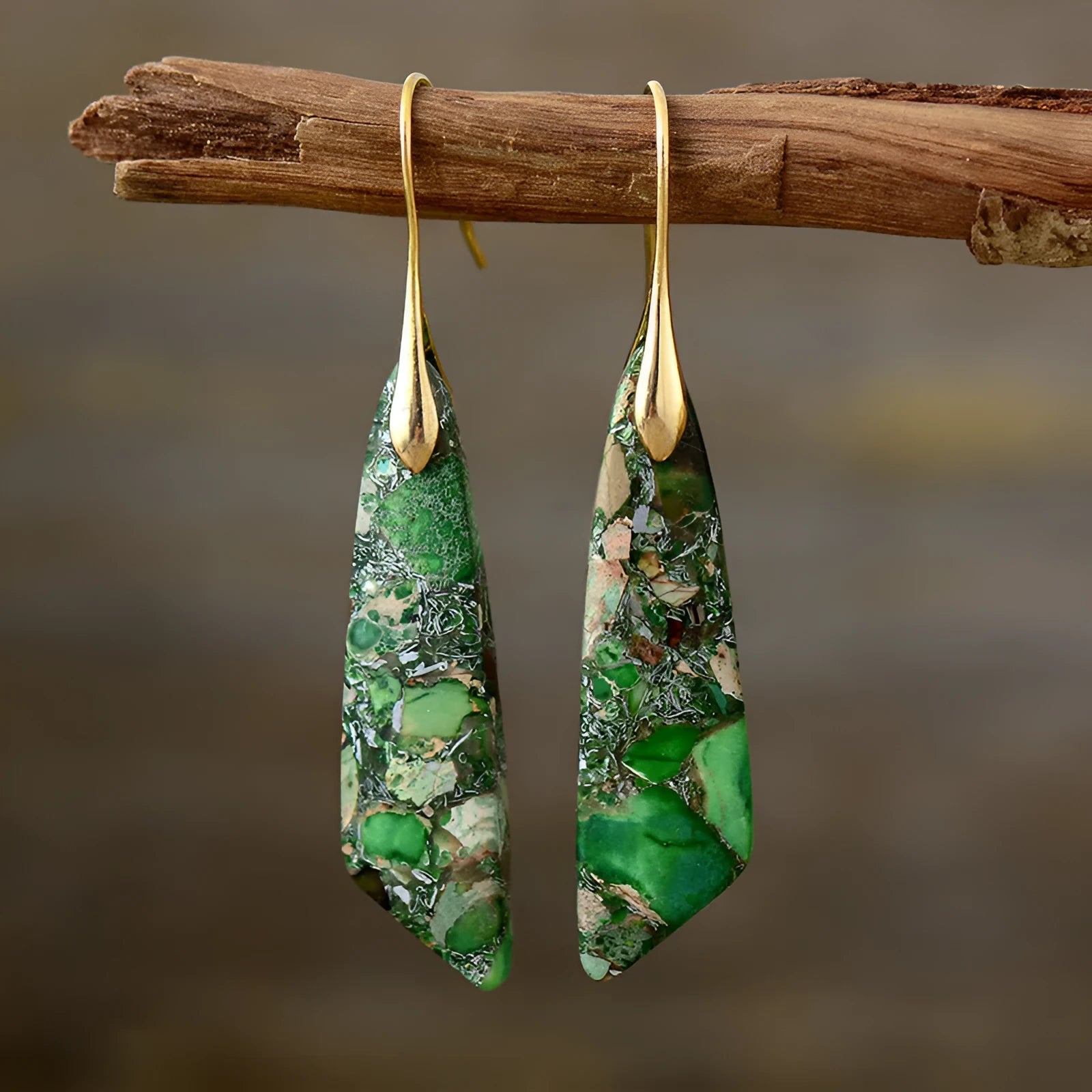 Bohemian emperor stone geometric pendant earrings with tassel and plaid details, shoushan gold colour option for women