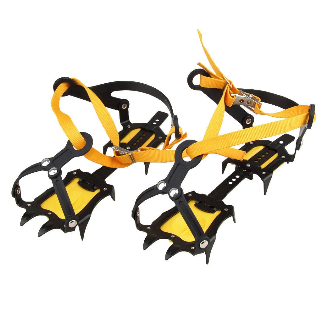 Pair of orange steel ten-teeth non-slip shoe cover crampons for snow ice traction