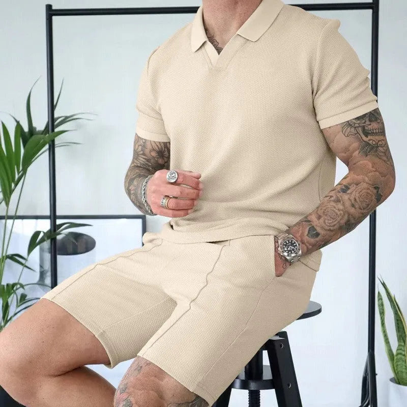 Men's two-piece lapel polo suit set in khaki, polyester fiber, matching top and trousers