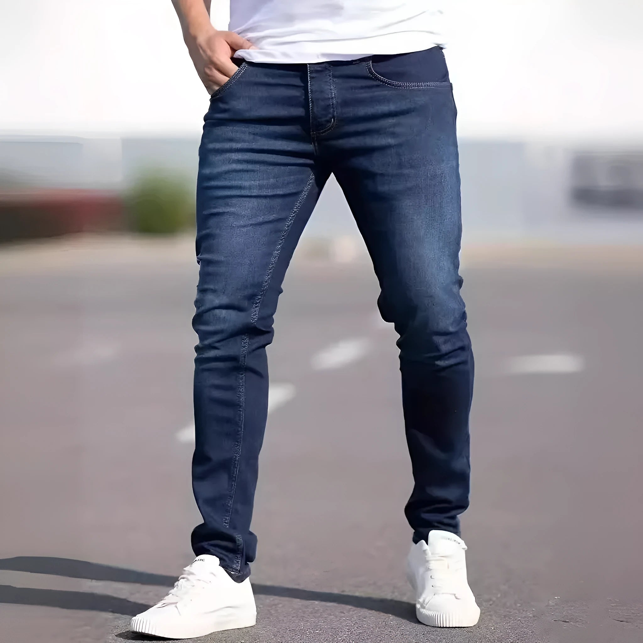 Men's dark blue slim fit skinny jeans on a hanger, showing mid waist and zipper fly detail.