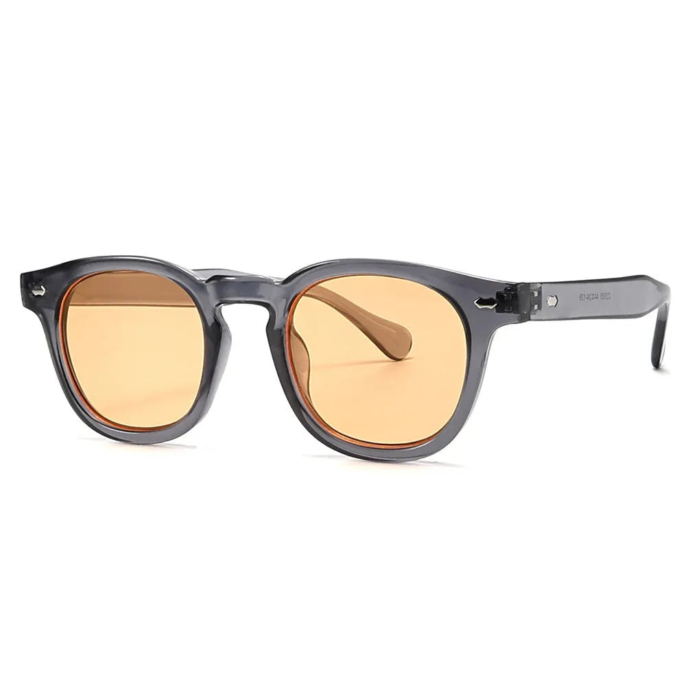 Simple round rim retro sunglasses on a plain background showing bright black frame with blue lenses.