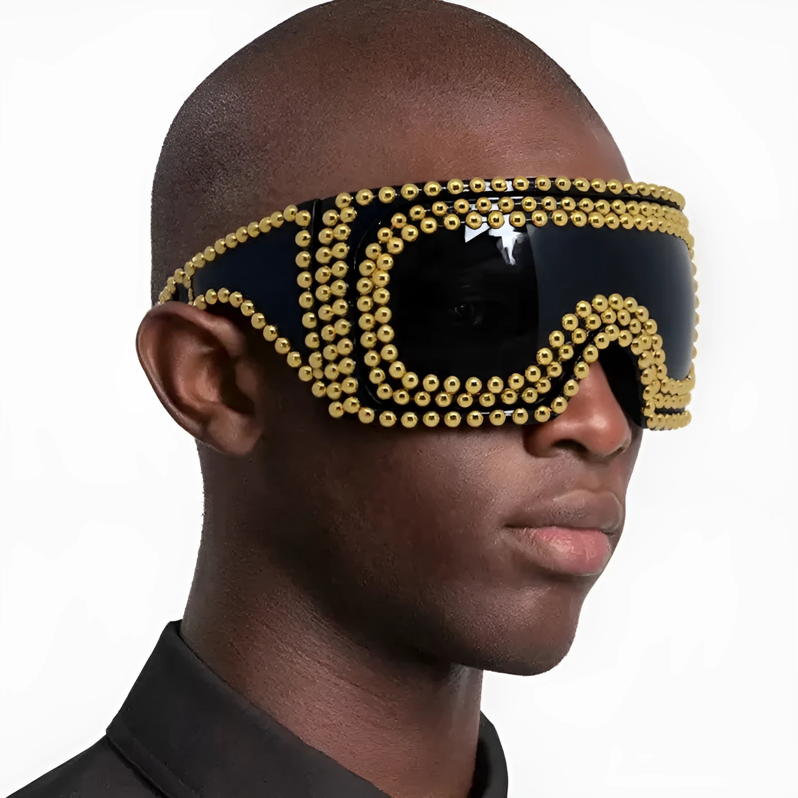 Men's silver punk sunglasses with large square lenses and metal rivet details on the temples.