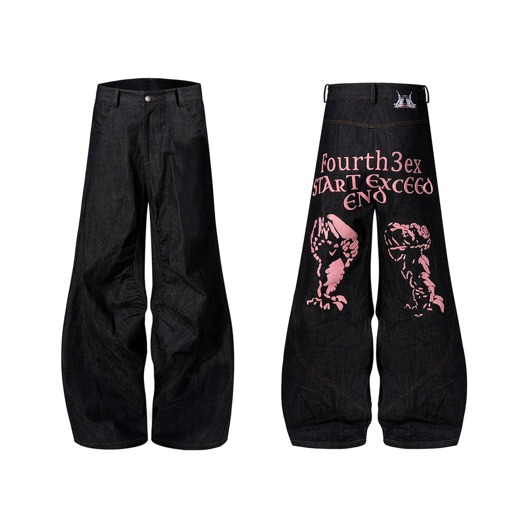 Black wide-leg straight jeans with temperature-sensitive colour-changing embroidery on the leg