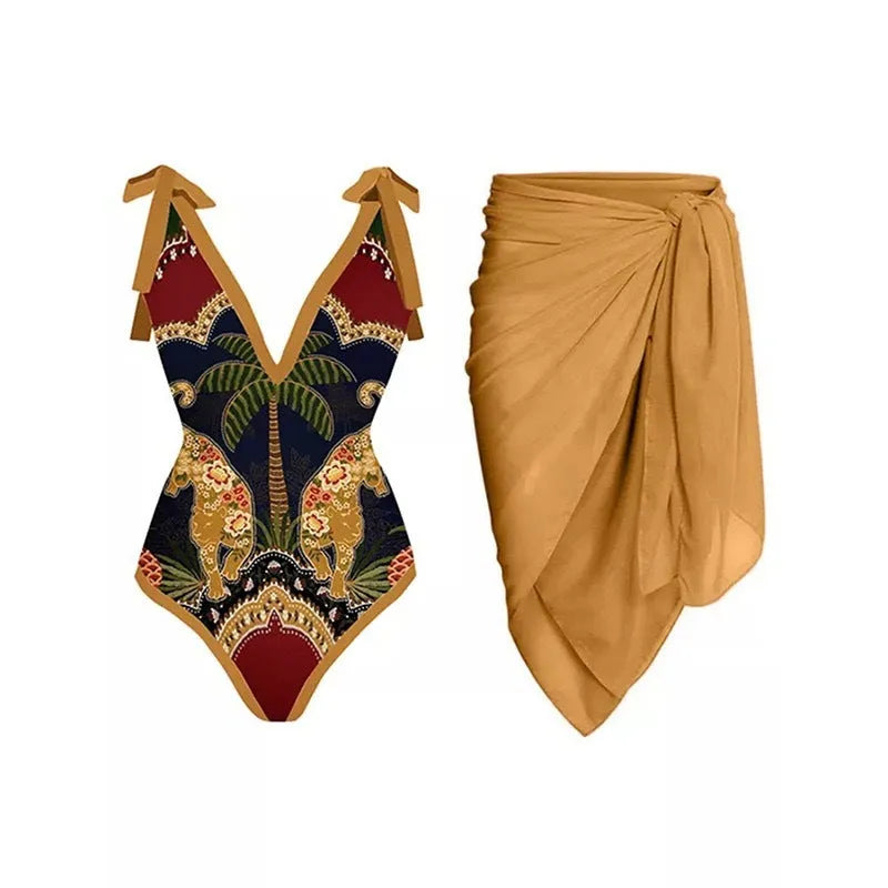 Women's solid colour spaghetti strap one-piece swimsuit with a matching skirt laid flat