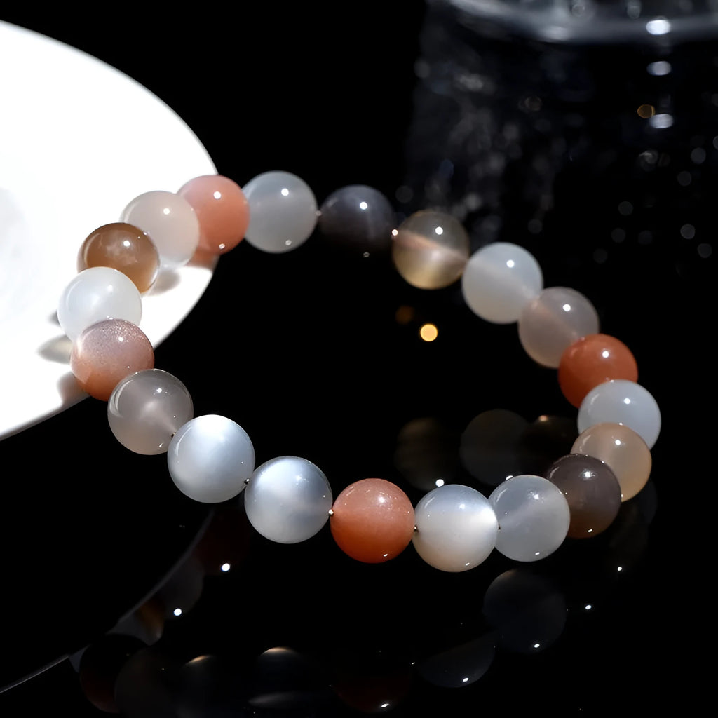 Natural colourful moonstone bracelet with 8mm beads in a single circle unisex design.