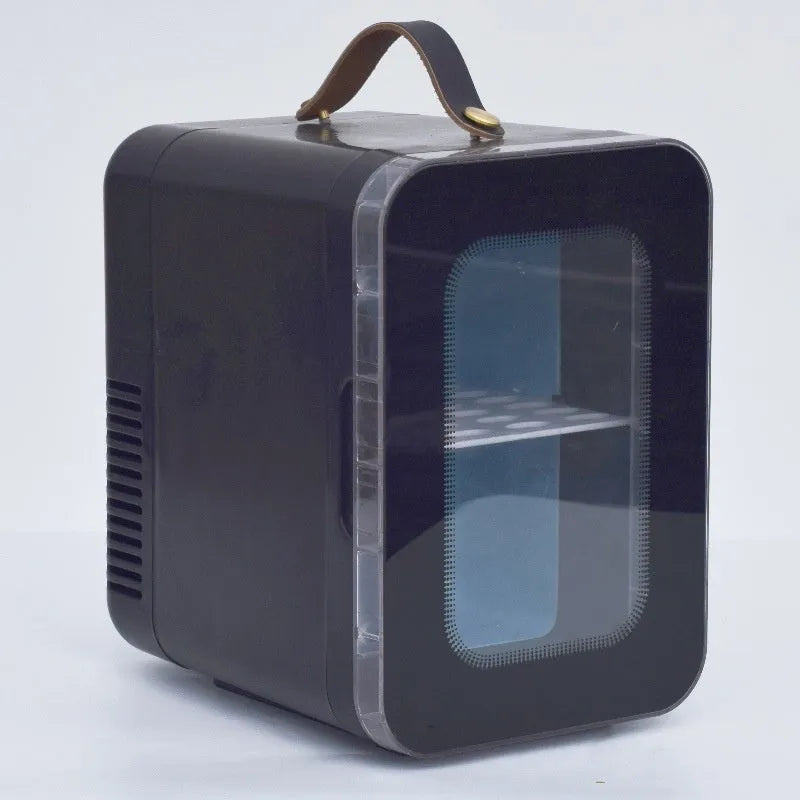 Beauty mini refrigerator with transparent door in pink colour showing dual hot cold functions