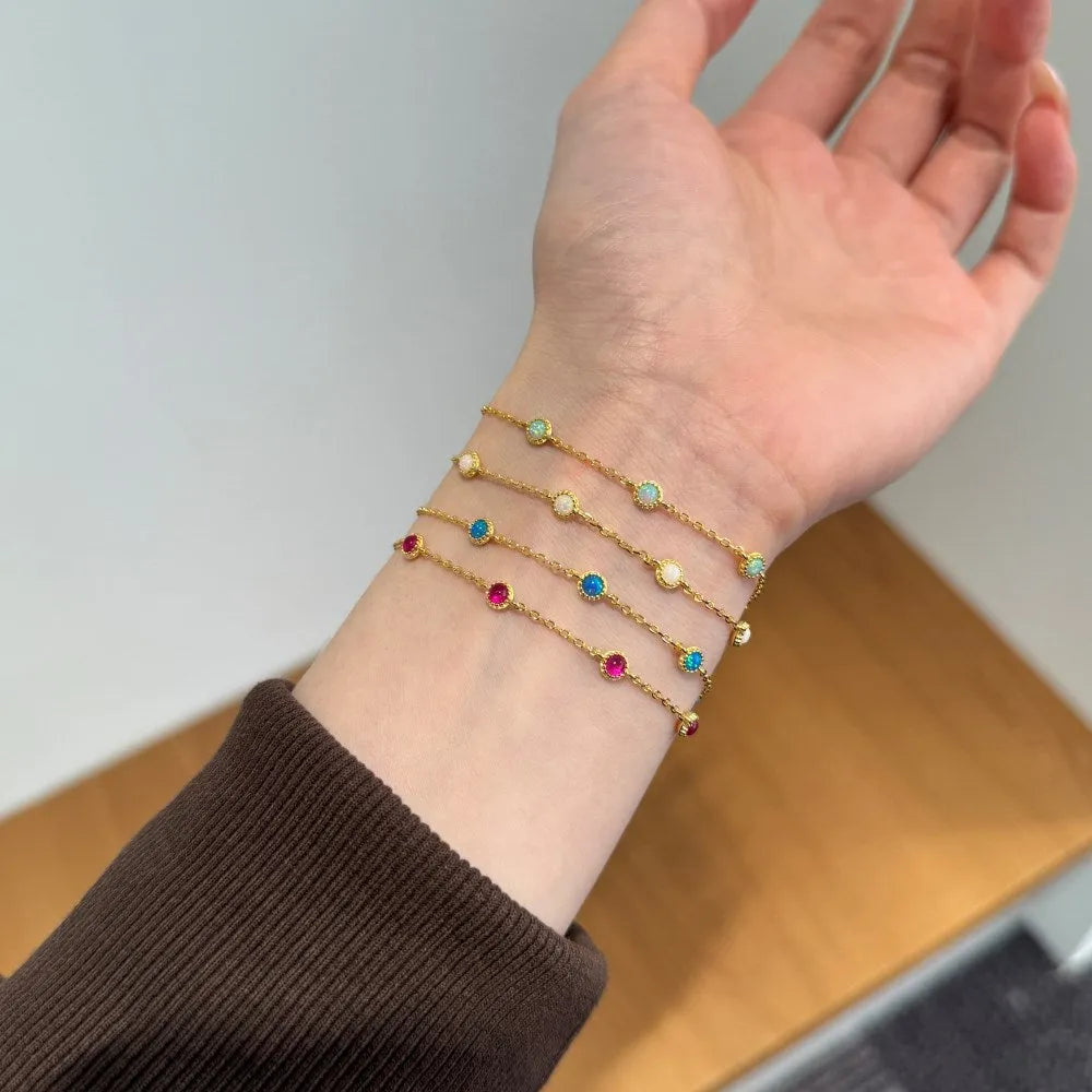 S925 sterling silver geometric round link opal bracelet for women, simple Japanese Korean style, multiple colour options
