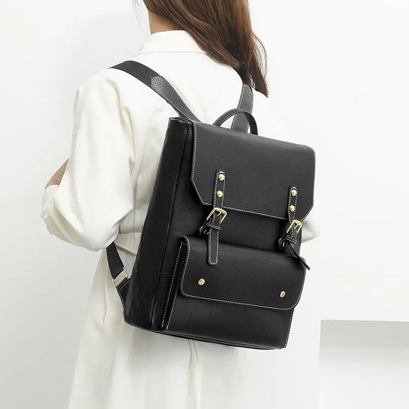 Soft brown retro Korean style PU backpack showing front view and ventilation detail.