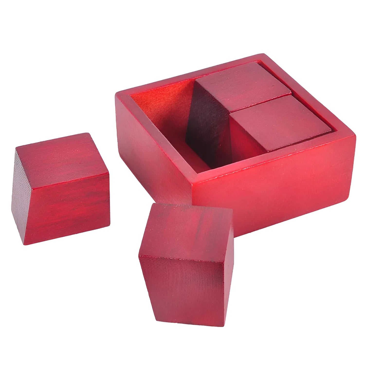 Red wooden magic box with Kong Ming Lock, 9.5cm size, angled view showing box and puzzle lock