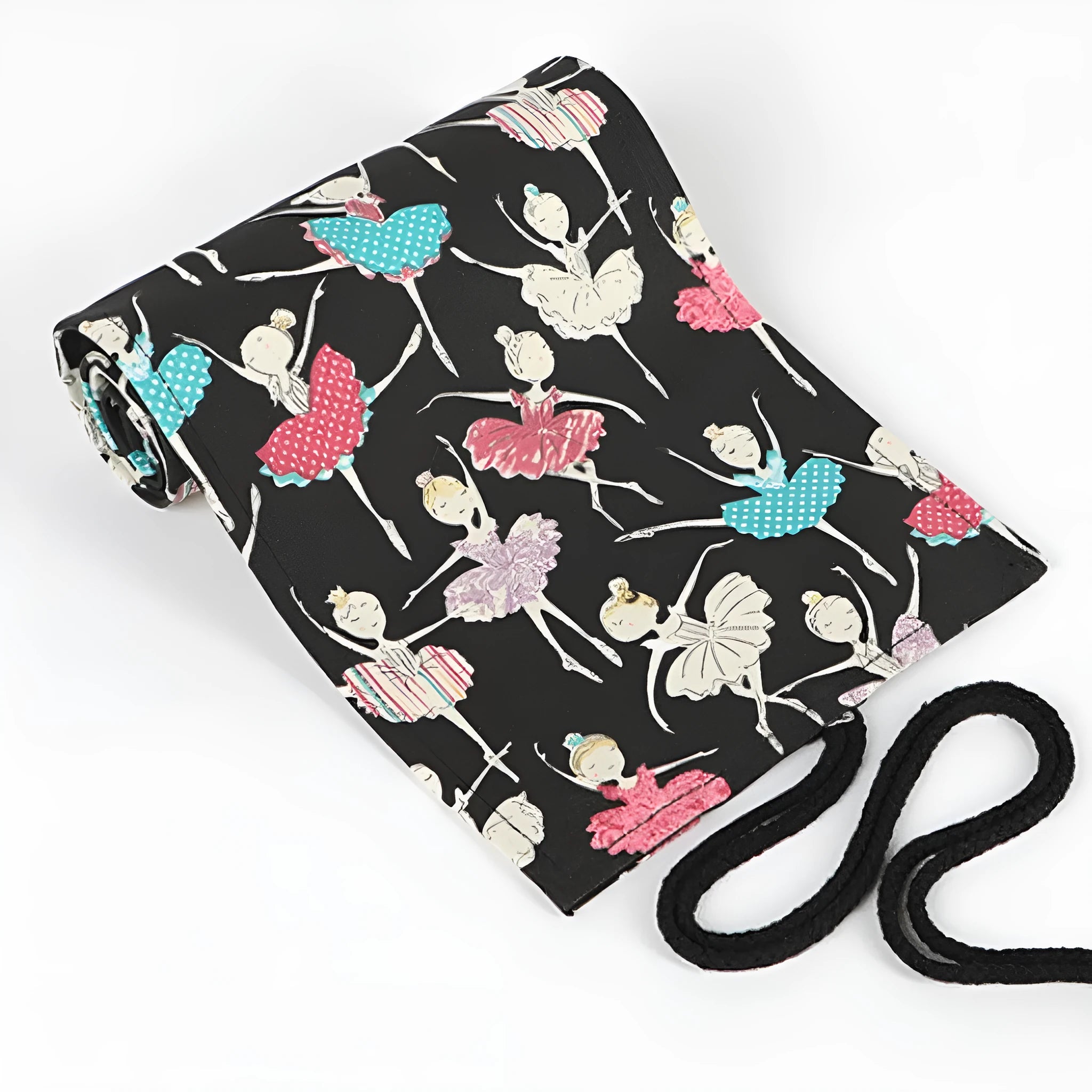 Square canvas rolling pencil case with ballet girl print, showing multiple holes for pencils