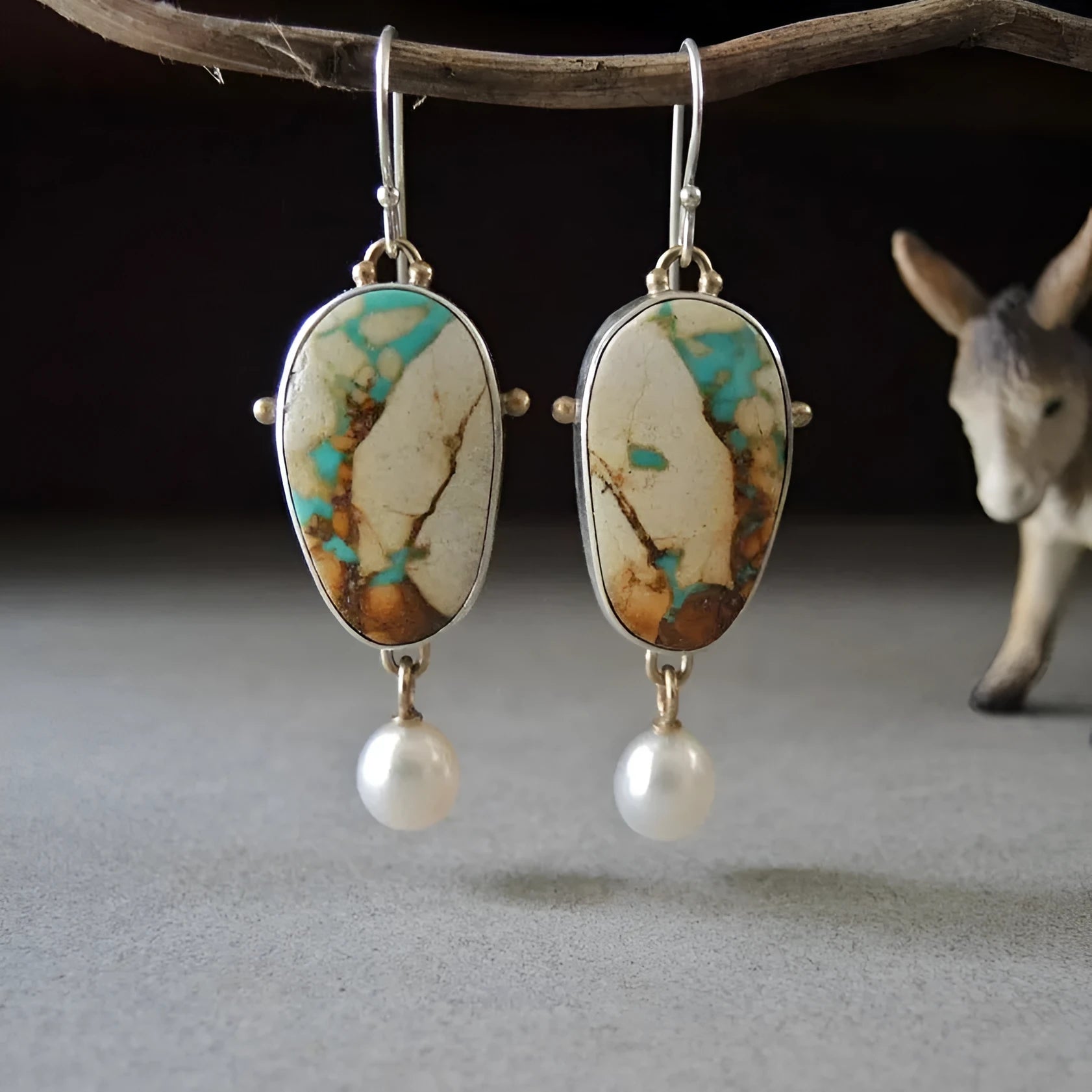 Vintage coloured turquoise and pearl drop pendant earrings on electroplated alloy, 45mm length, colourful pearl finish