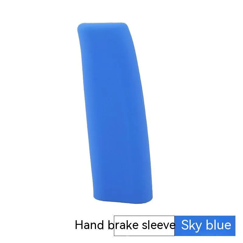 Universal silicone handbrake sleeve showing five colour options: beige, black, blue, grey, and red