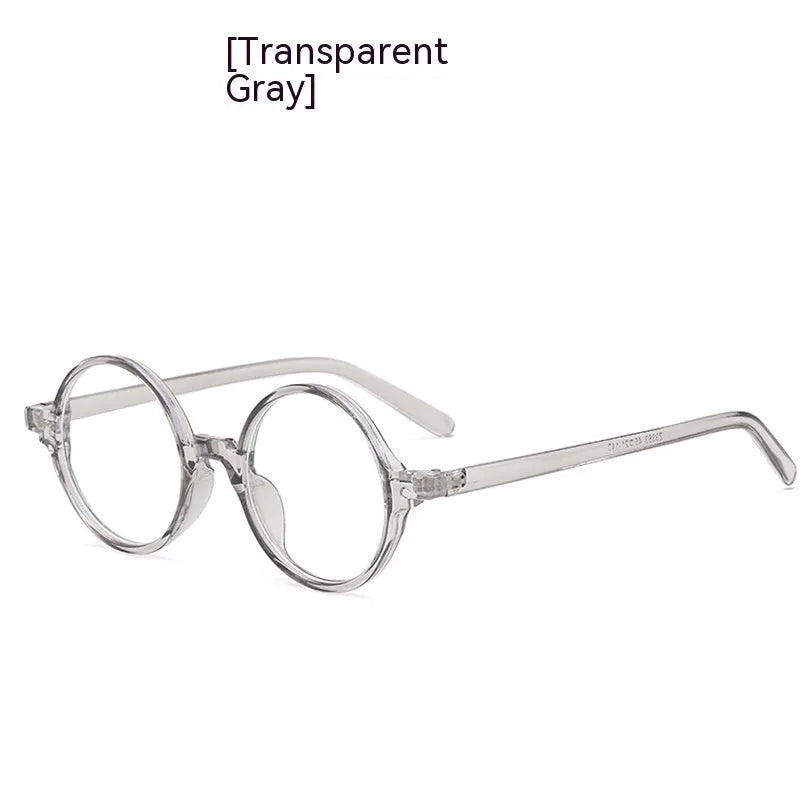 Retro round non-prescription glasses in four colours: bright black, sand black, tofu pudding, transparent grey.