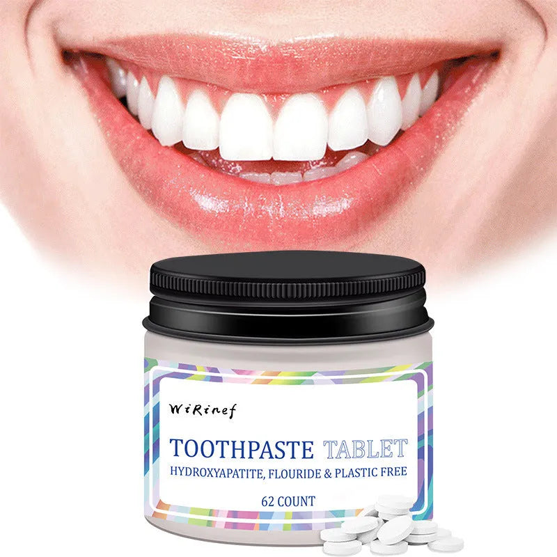 62-count pack of portable white solid toothpaste tablets for chewing and cleaning teeth, TP19 flavour.