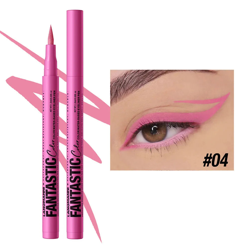 Matte anti-smudge liquid eyeliner in twelve colours including white, gold, purple, brown, blue, and iron grey