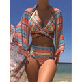 Women's three-piece cross bandage bikini set with high waist panty in polyester fabric