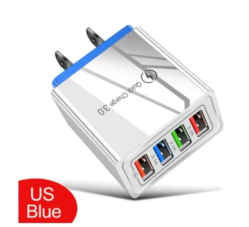 Dark Blue 4-port USB mobile phone charger with EU plug, showing dimensions and USB ports.
