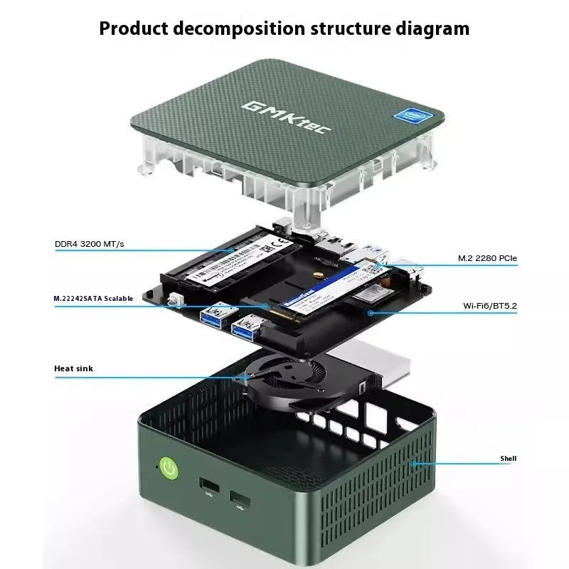 Mini computer host with 16GB memory and 1TB SSD, compact desktop PC for office and games.